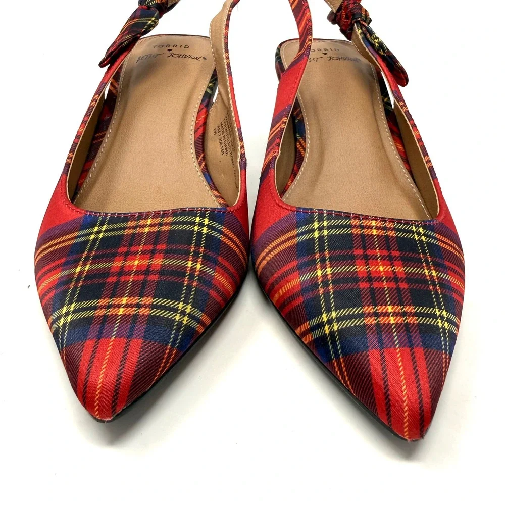 Betsey Johnson Torrid Red Plaid Slingback Block Heels Rhinestone Bow Pumps 8W‎